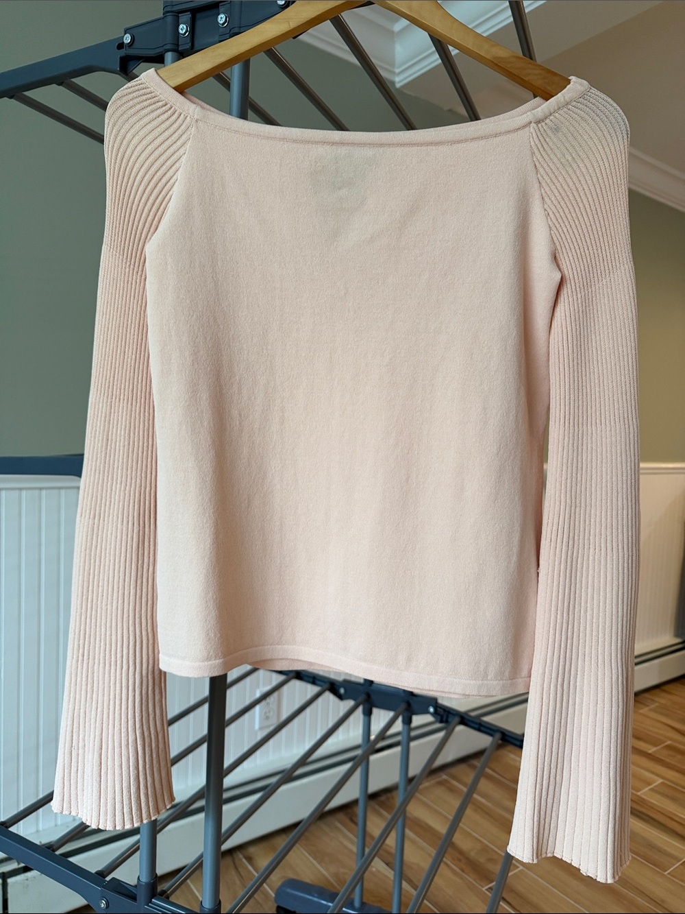 Balletcore Blush Pink Ribbed Bell Sleeve Off Shoulder Sweater Top S⁠